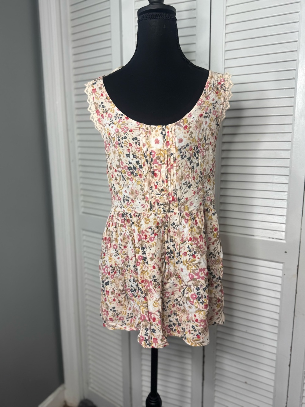 LC Lauren Conrad Cream Floral Tie-Back Bohemian Flowy Rayon Mini Dress size XL